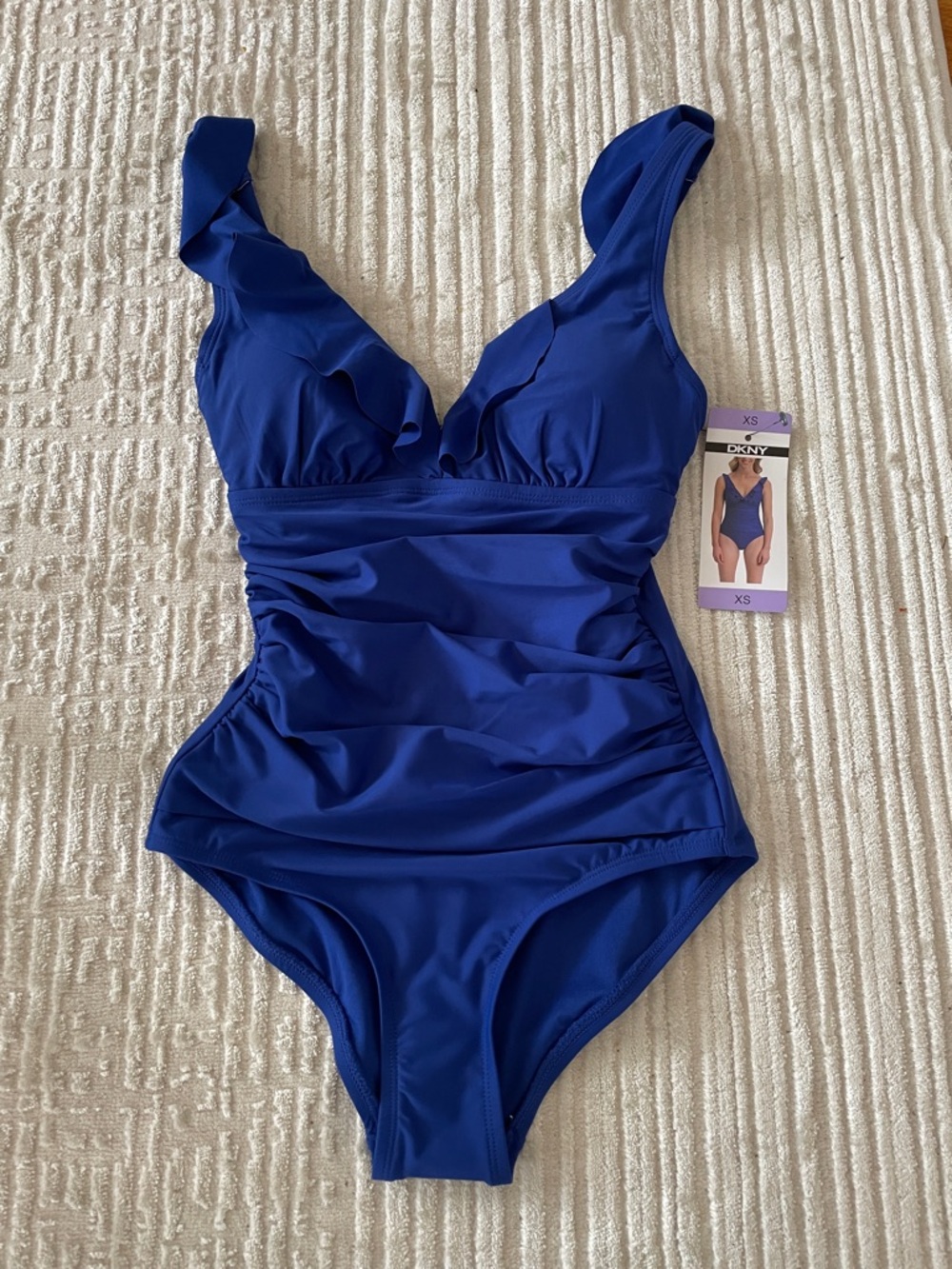 DKNY Girls' Cobalt Blue Ruffle One-Piece Swimsuit
